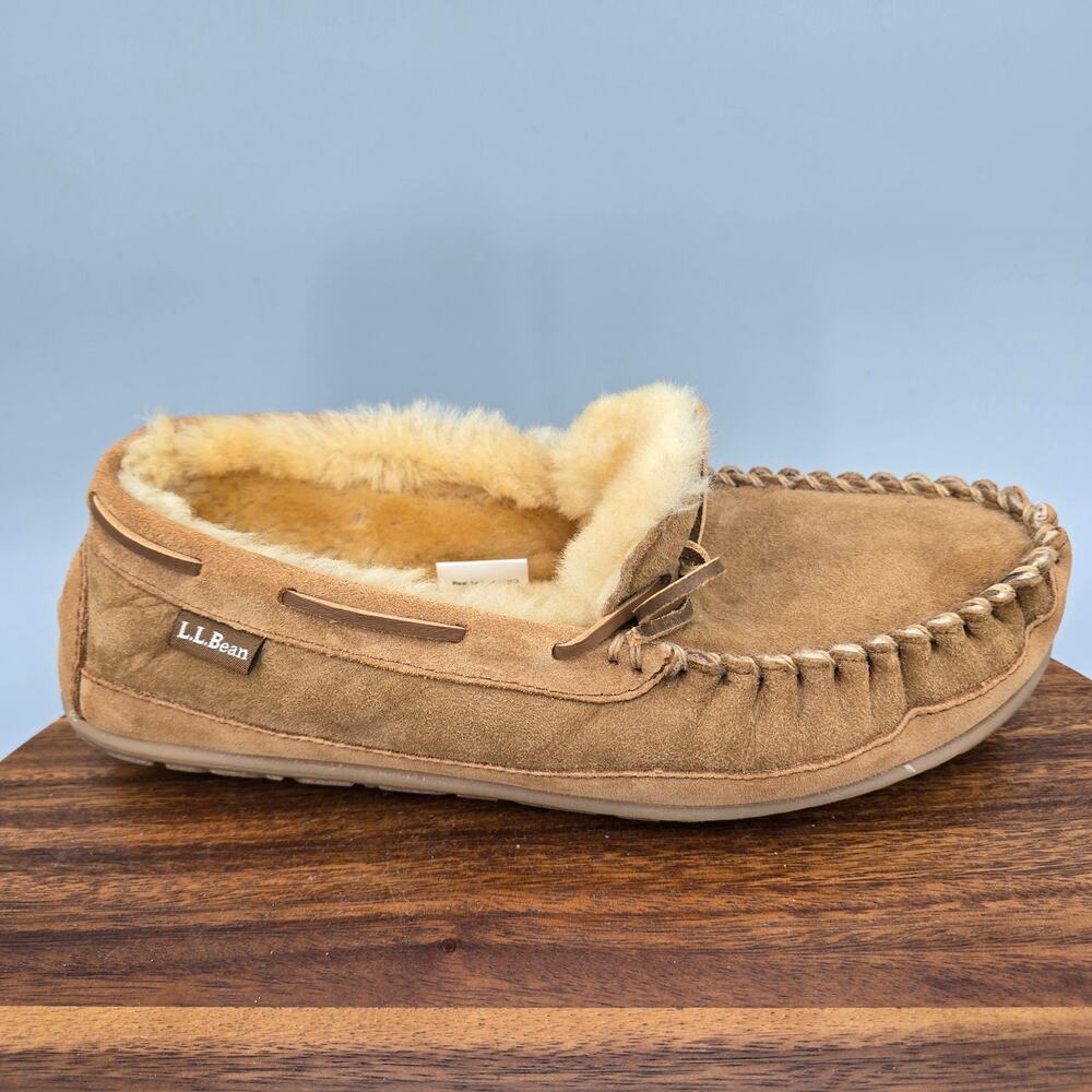 LL Bean Wicked Good Slippers Mens 9 Brown Suede Shearling Lined Moccasins Shoes